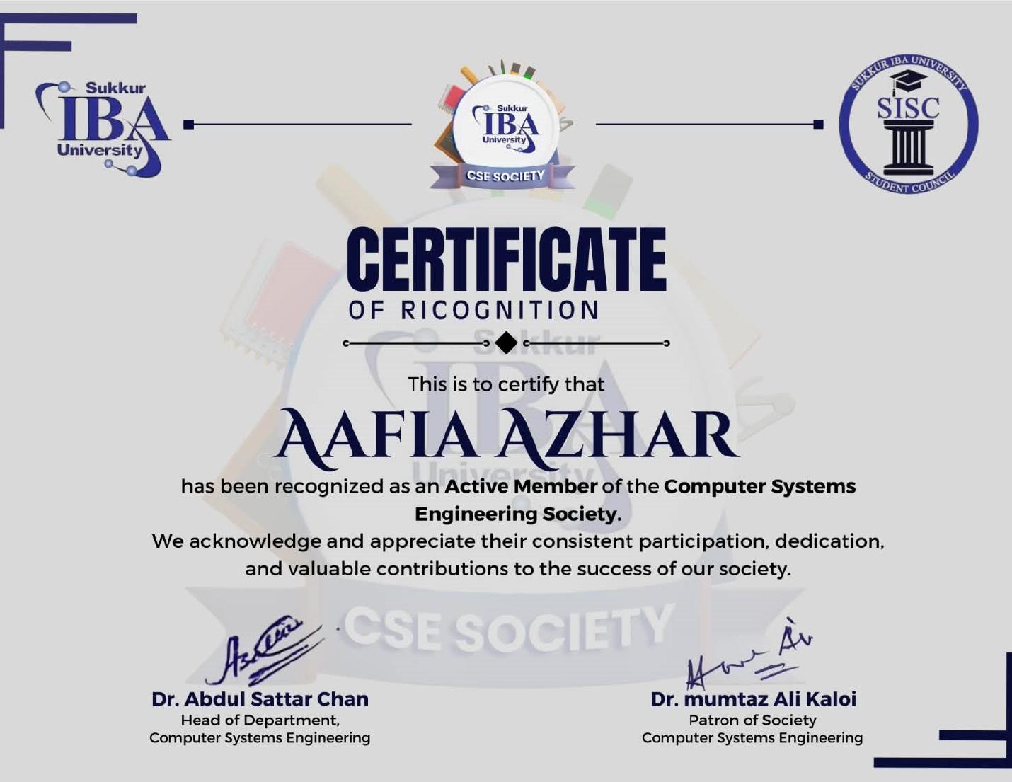 Computer Systems Engineering Society active member certificate