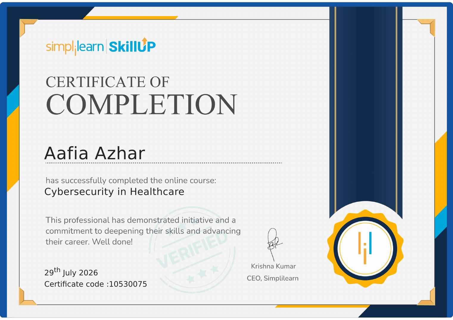 Cybersecurity in Healthcare certificate