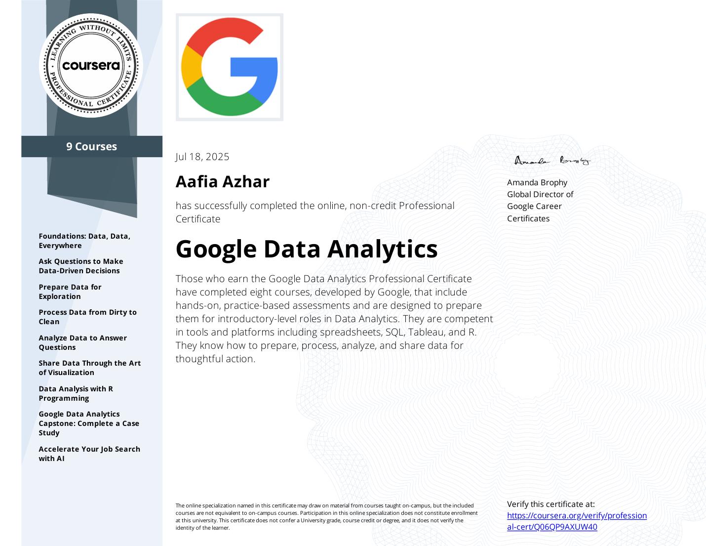 Google Data Analytics Professional Certificate completion