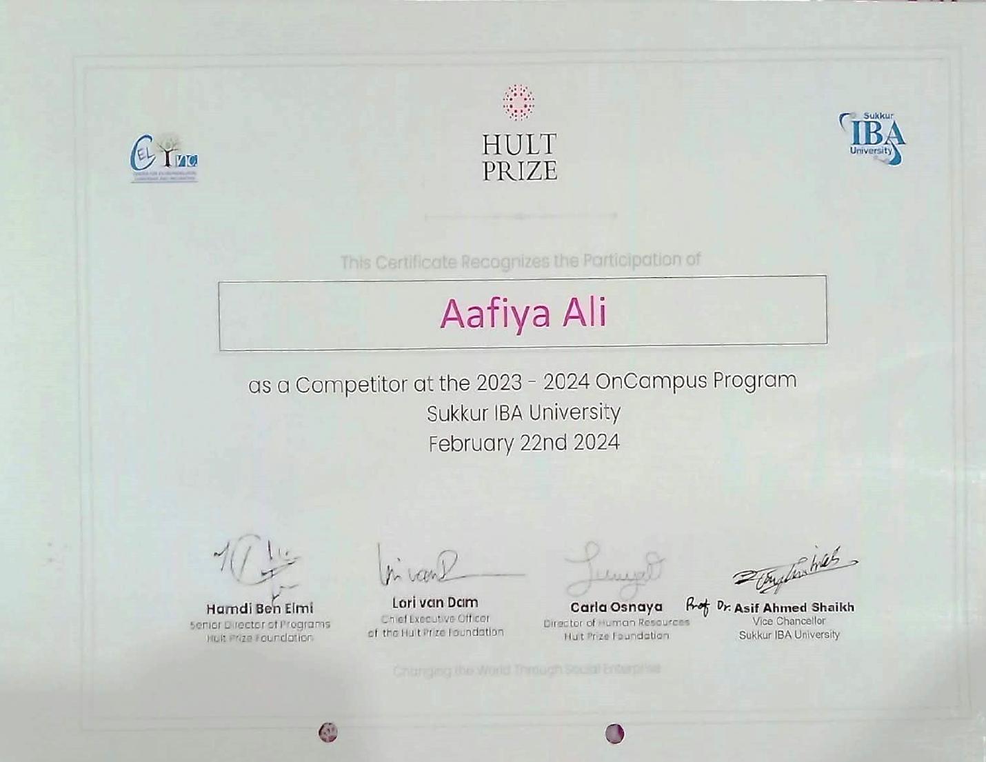 Hult Prize OnCampus Program participation certificate