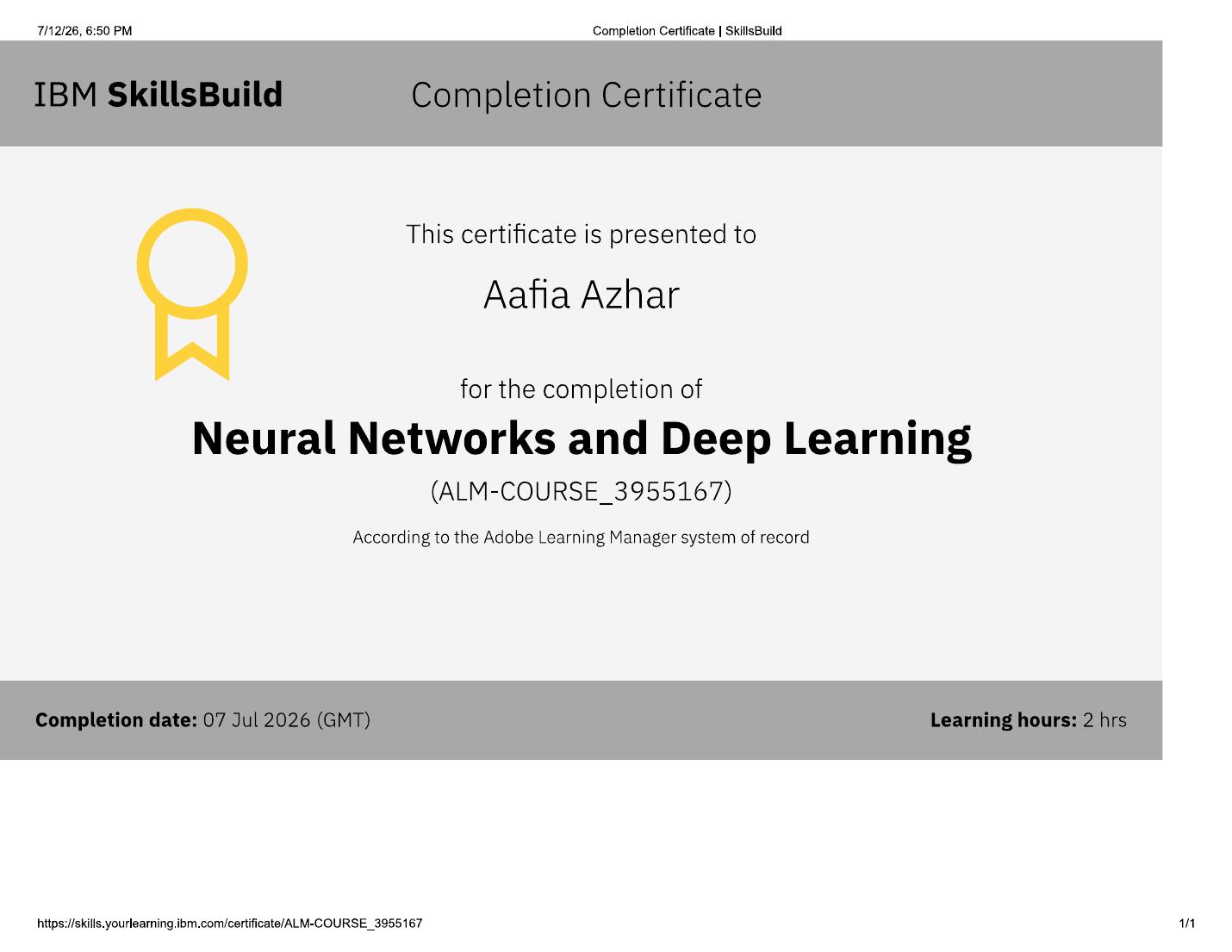 IBM SkillsBuild Neural Networks and Deep Learning certificate