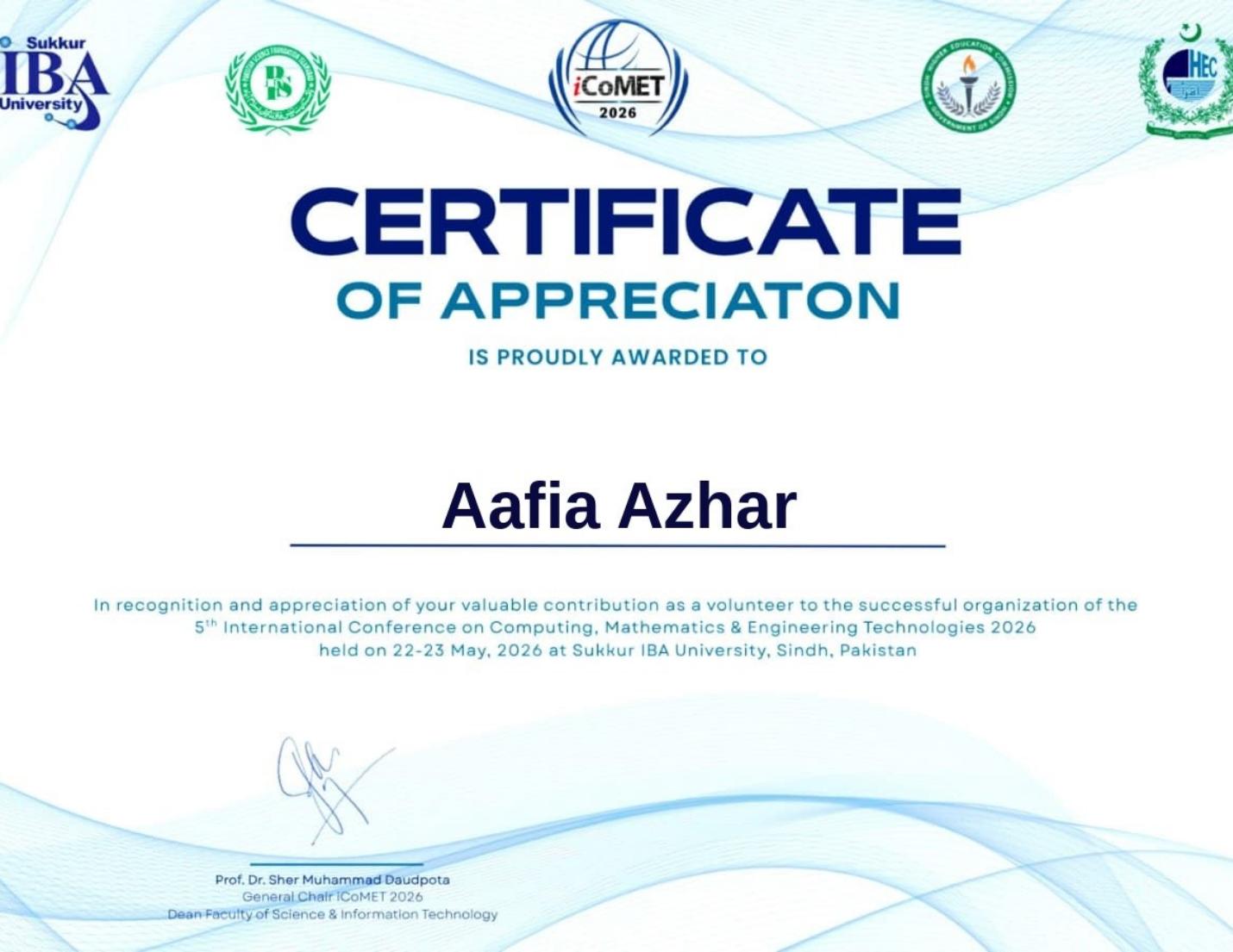 iCoMET 2026 volunteer appreciation certificate