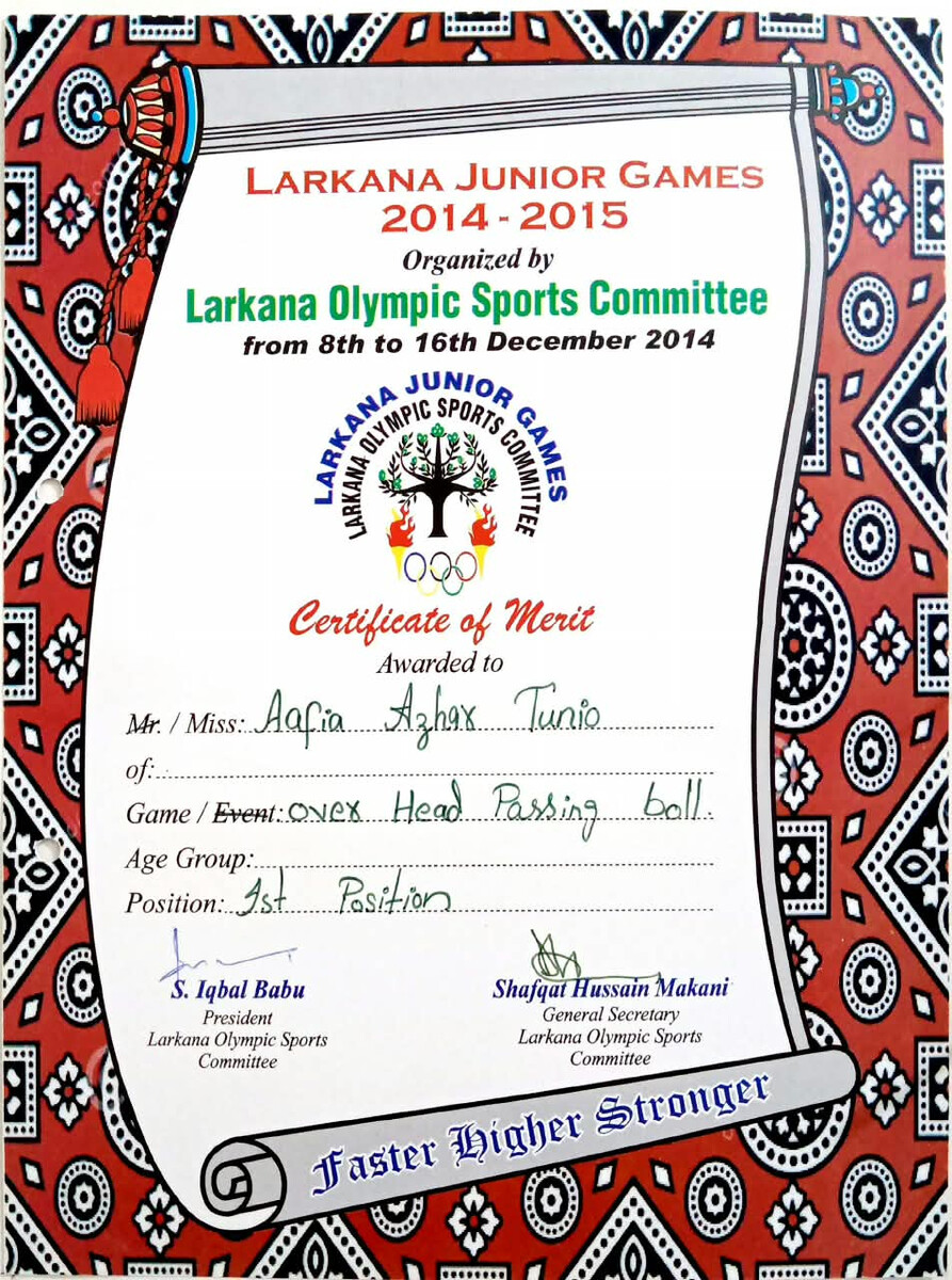 Larkana Junior Games 2014-2015 Overhead Passing Ball 1st position certificate