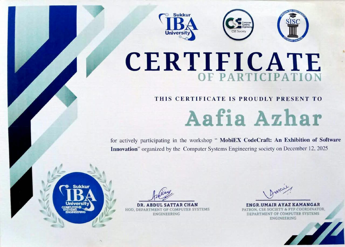 MobiEX CodeCraft software exhibition workshop certificate, CSE Society Sukkur IBA University