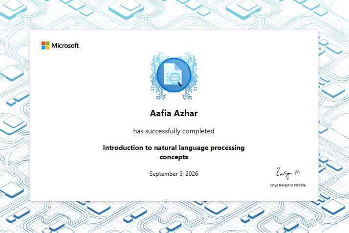 Microsoft Introduction to Natural Language Processing Concepts certificate