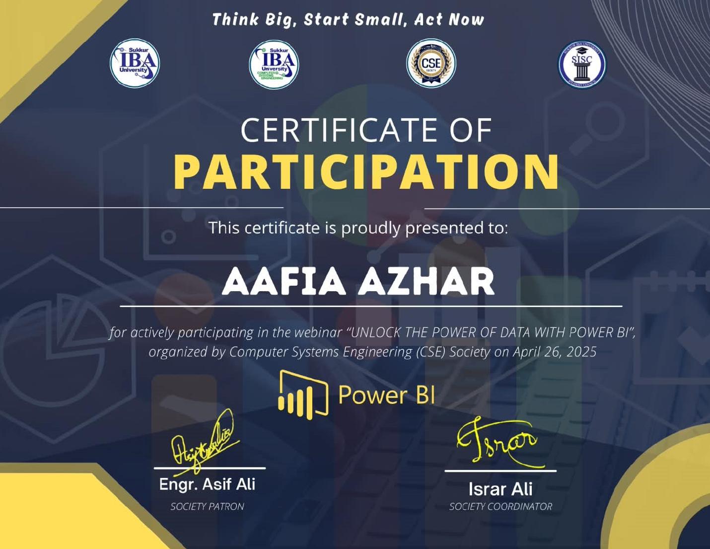 Power BI webinar participation certificate