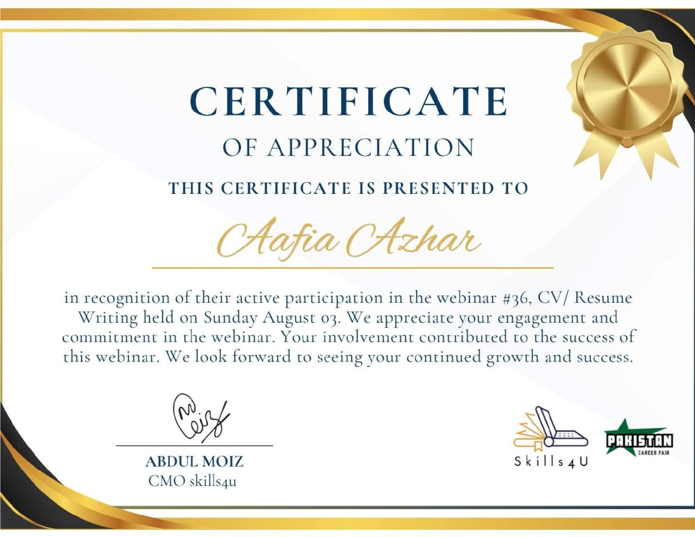 CV and Resume Writing webinar participation certificate