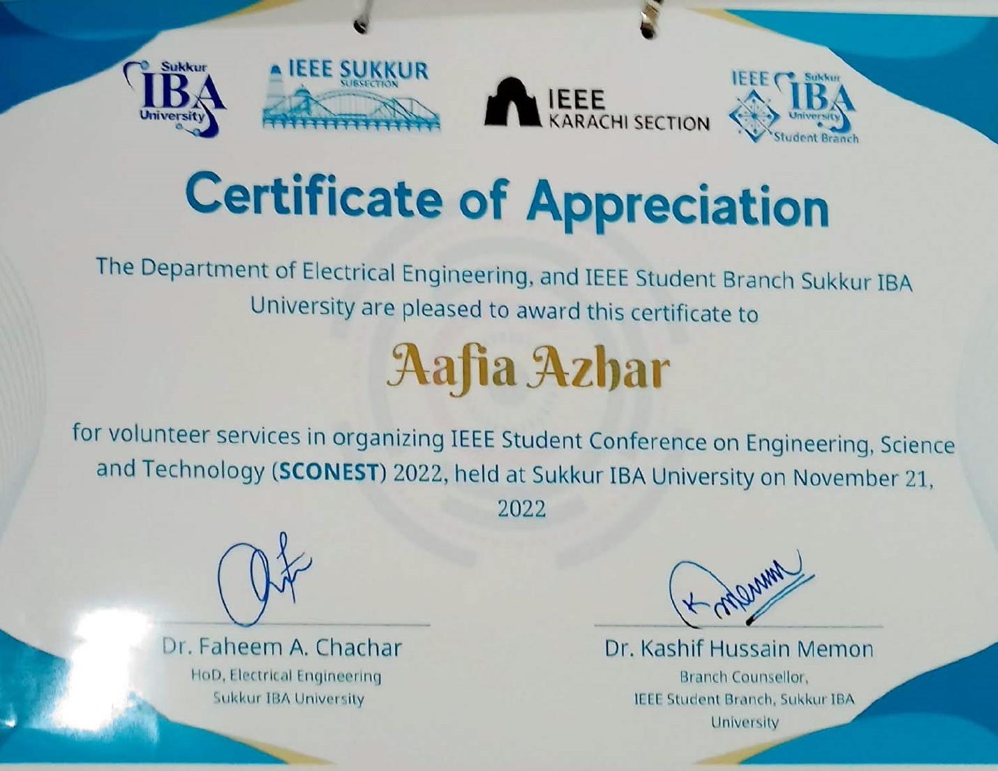 SCONEST 2022 IEEE volunteer appreciation certificate