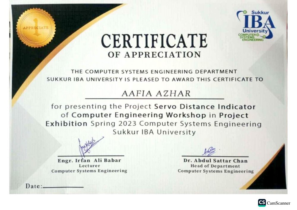 Certificate of Appreciation for presenting Servo Distance Indicator at Computer Engineering Workshop, Sukkur IBA University