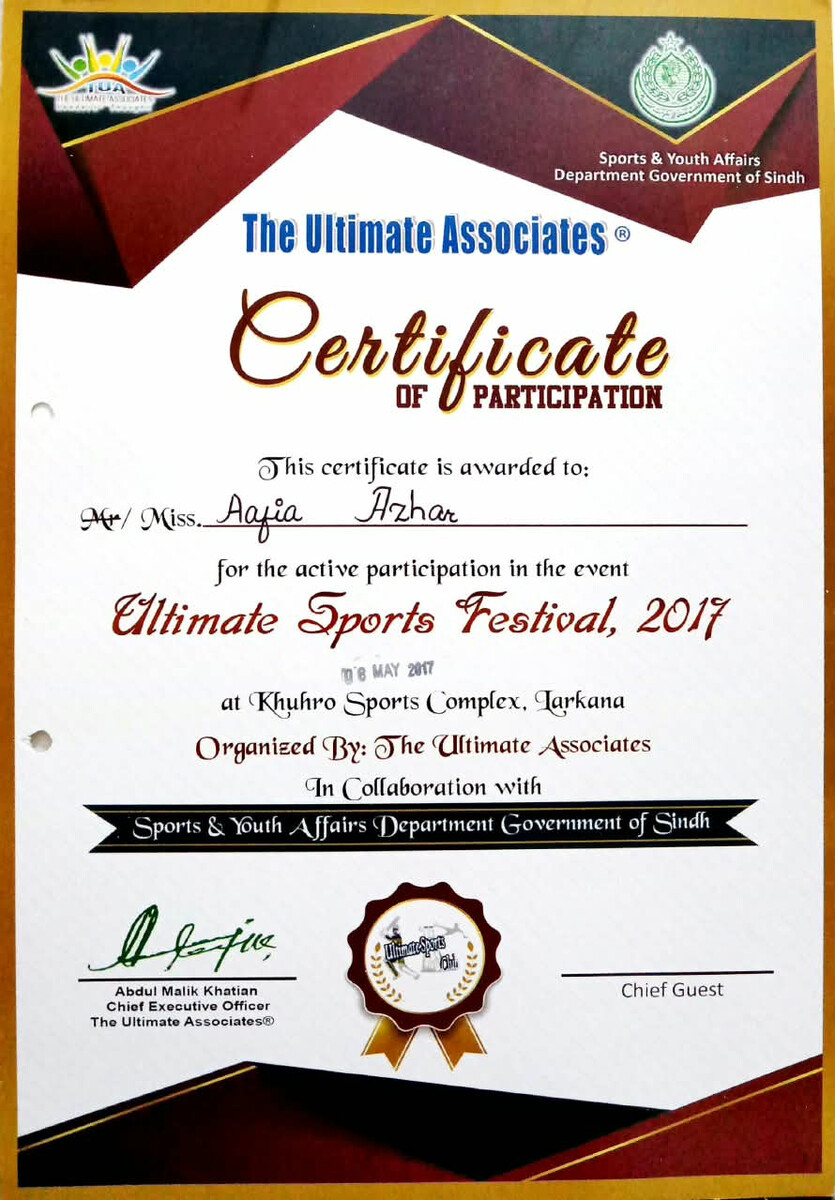 Ultimate Sports Festival 2017 participation certificate