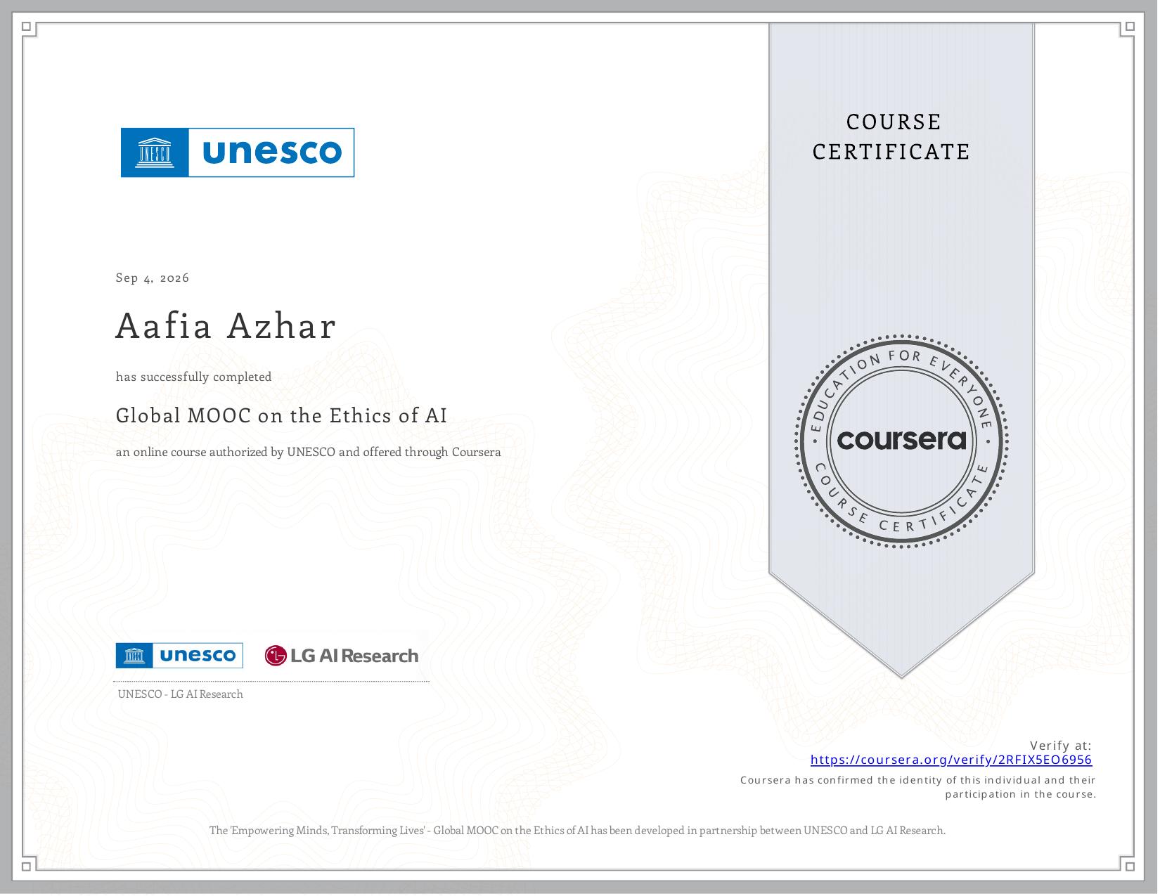 UNESCO Global MOOC on the Ethics of AI certificate
